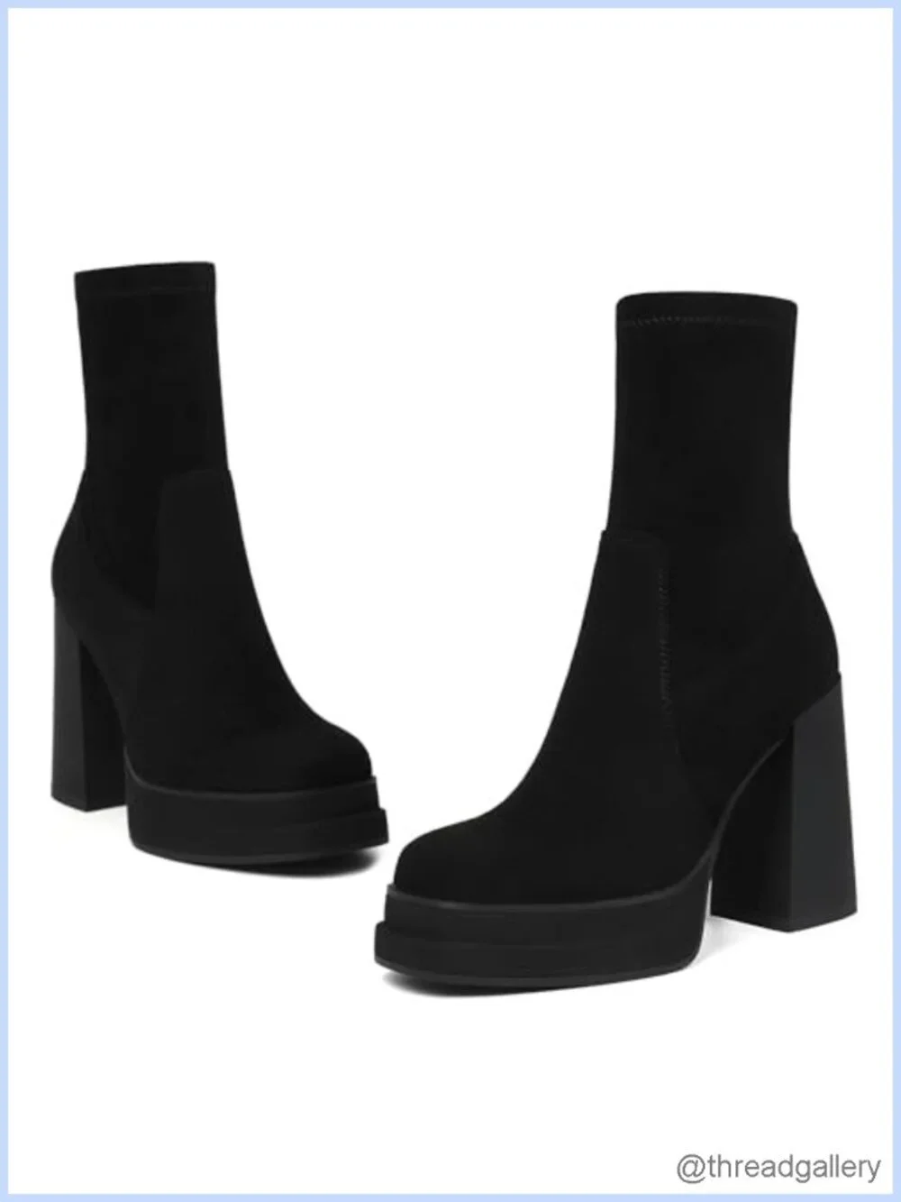 Platform Ankle Boots Chunky High Heel Square Toe Stretchy Combat Booties